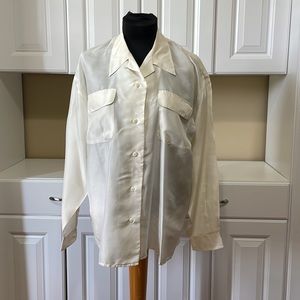 SilkLand Sport Sz M Washable Pure Silk Long Sleeve Button Closure Blouse Cream
